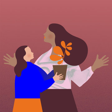 Girl gives woman a potted plant