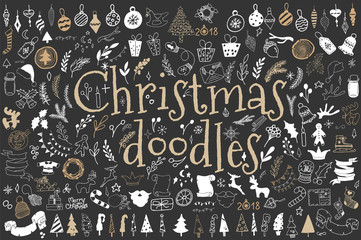 Fototapeta na wymiar Big set of Christmas design elements in doodle style