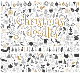 Fototapeta na wymiar Big set of Christmas design elements in doodle style