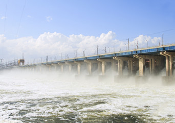Reset of water at hydroelectric power station on the river