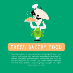 Italian chef baker with a freshly baked croissant on his tray cartoon style