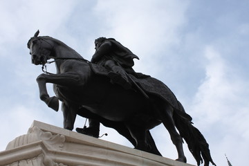 Equestrian statue of Count Gyula Andrassy near the building of Hungarian Parliament, Budapest,...