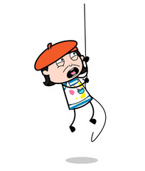 Screaming While Climbing Rope - Cartoon Artist Vector Illustration