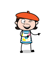 Winking Eye Face and Pointing Finger - Cartoon Artist Vector Illustration