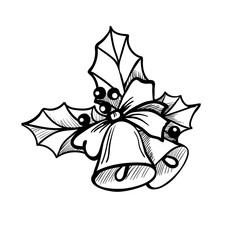 bells on the ribbon festive decoration good symbol vector black white line drawing of the hand used to design and decor holiday greetings cards