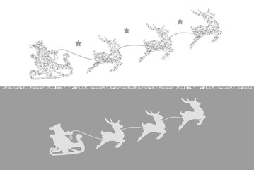 Silhouette of Santa Claus riding in a sleigh with reindeer. Silver glitter on white background.
