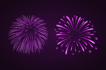 Beautiful purple fireworks set. Bright fireworks isolated black background. Light pink decoration fireworks for Christmas, New Year celebration, holiday festival, birthday card Vector illustration