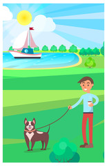 Boy Walking Dog in Park with Lake on background
