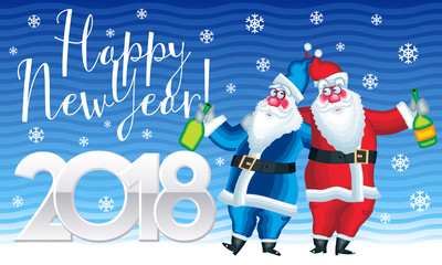 Vector Merry Christmas 2018 Greeting Card with Santa Claus and Father Frost with bottle of champagne.