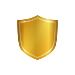 Gold shield shape icon. 3D golden emblem sign isolated on white background. Symbol of security, power, protection. Badge shape shield graphic design Vector illustration