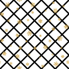 Christmas gold snowflake seamless pattern. Golden snowflakes on black and white rhombus background. Winter snow texture wallpaper. Symbol holiday, New Year celebration Vector illustration