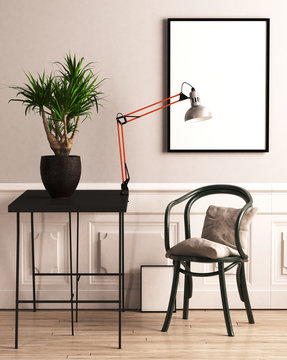 Stuhl mit Kissen, Pflanze und Bilderrahmen vor beigefarbener Wand