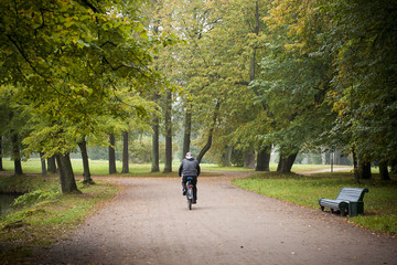 Cyclist rides in empty autumn park on clean path and bench on the right. 