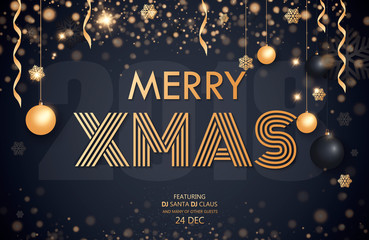 Fototapeta na wymiar Merry Christmas and Happy New Year 2018. Invitation to a party. Gold and black colors. Place for text Christmas decorations, star balls. Leaflet brochure. Vector illustration