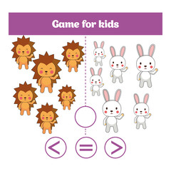Education logic game for preschool kids. Choose the correct answer. More, less or equal Vector illustration