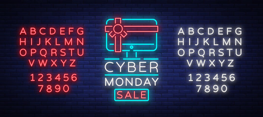 Cyber Monday vector banner in fashionable neon style, luminous signboard, nightly advertising advertisement of sales rebates of cyber Monday. Editing text neon sign. Neon alphabet