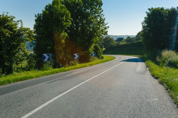 Fototapeta na wymiar Empty asphalt country road passing through green agricultural fields and forests. Countryside landscape on a sunny day in France. Environment friendly farming, transportation and road network concept.