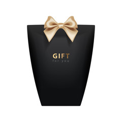 Gift Box template. Vector realistic black package mockup with gold bow