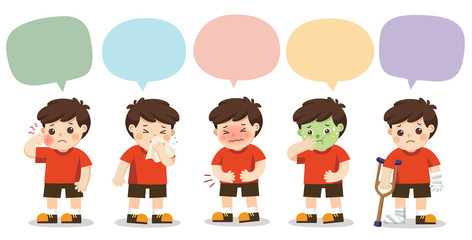 Set of A boy get sick with speech frame isolated on white background. Vector illustration