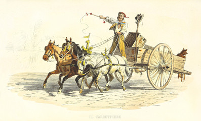 Old cart driver whips his three horses. Old illustration by F. Palizzi and Cucinotta, De Bourcard, Usi e Costumi di Napoli E Contorni Dipinti E Descritti, Ed. Nobile, Napoli, 1853-58.