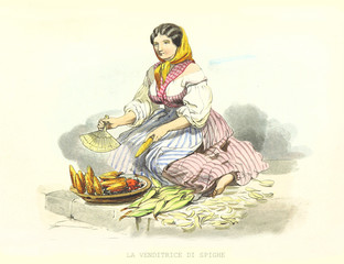 Naklejka premium Poor woman selling corn cobs on street. Old illustration by F. Palizzi and Cucinotta, De Bourcard, Usi e Costumi di Napoli E Contorni Dipinti E Descritti, Ed. Nobile, Napoli, 1853-58.