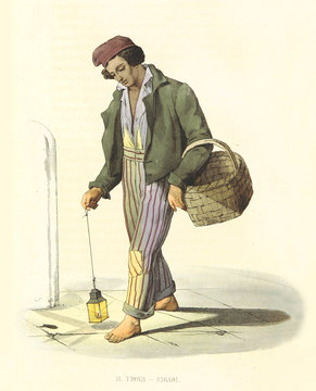 Poor man looking for half-smoked cigars. Old illustration by F. Palizzi and Cucinotta, De Bourcard, Usi e Costumi di Napoli E Contorni Dipinti E Descritti, Ed. Nobile, Napoli, 1853-58.