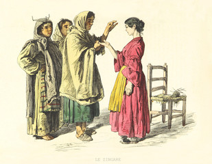 Entire figure of a gypsy woman reading girl's hand with other gypsies behind her back. By F. Palizzi and Cucinotta, Usi e Costumi di Napoli e contorni dipinti e descritti, Nobile, Napoli, 1853-58