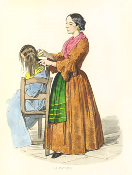 Ancient hair stylist combing hair of a girl seated on a chair. By F. Palizzi, De Bourcard, Usi e Costumi di Napoli e contorni dipinti e descritti, Nobile, Napoli, 1853-58