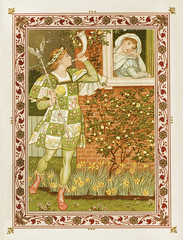 Woman listening through the window to man playing hunting horn. Medieval romantic context inside a floral frame. Old colorful illustration by Crane and Greenaway, The Quiver of Love, ed. Marcus Ward.