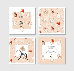 Hand drawn vector abstract fun Merry Christmas time cartoon cards collection set with cute illustrations,gingerbread cookies and handwritten modern calligraphy quotes isolated on white background