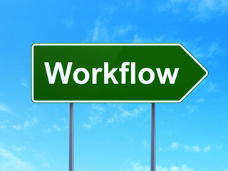 Business concept: Workflow on green road highway sign, clear blue sky background, 3D rendering