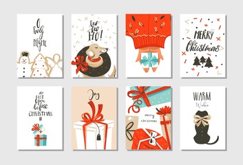 Fototapeta na wymiar Hand drawn vector abstract fun Merry Christmas time cartoon cards collection set with cute illustrations,surprise gift boxes,dogs and handwritten modern calligraphy text isolated on white background