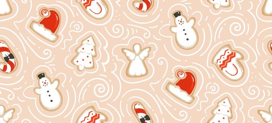 Hand drawn vector abstract fun Merry Christmas time cartoon illustration seamless pattern with baked gingerbreads cookies isolated on craft paper background