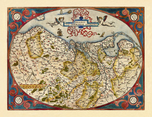 Old map of Belgium, Netherlands and Germany realized in ancient style. All the graphic composition is inside a oval red frame. By Ortelius, Theatrum Orbis Terrarum, Antwerp, 1570