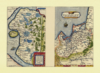 Old maps of Schleswig-Holstein and Prussia. Excellent state of preservation realized in ancient style. Side by side graphic composition. By Ortelius, Theatrum Orbis Terrarum, Antwerp, 1570
