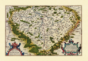 Old map of Bohemia. Excellent state of preservation realized in ancient style. All the graphic composition is inside a frame. By Ortelius, Theatrum Orbis Terrarum, Antwerp, 1570
