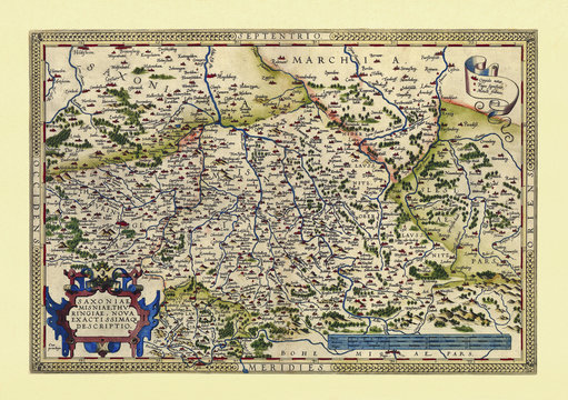 Old map of Thuringia and Saxony. Excellent state of preservation realized in ancient style. All the graphic composition is inside a frame. By Ortelius, Theatrum Orbis Terrarum, Antwerp, 1570