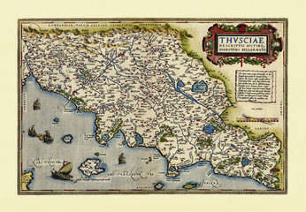 Old detailed map of Tuscany region, Italy. Excellent state of preservation realized in ancient style. All the graphic composition is inside a frame. By Ortelius, Theatrum Orbis Terrarum, Antwerp, 1570