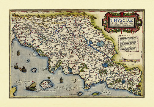 Old detailed map of Tuscany region, Italy. Excellent state of preservation realized in ancient style. All the graphic composition is inside a frame. By Ortelius, Theatrum Orbis Terrarum, Antwerp, 1570