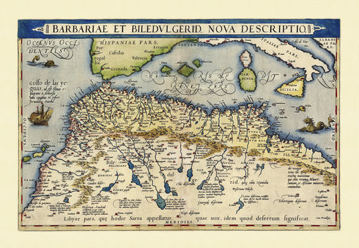 Old map of North Africa. Excellent state of preservation realized in ancient style. All the graphic composition is inside a frame. By Ortelius, Theatrum Orbis Terrarum, Antwerp, 1570