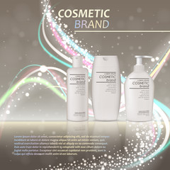 3D realistic cosmetic bottle ads template. Cosmetic brand advertising concept design with glitters and bokeh background