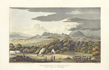 Long view of a south african landscape, encampment in Essembocsh, South Africa. By Cocking and Bluck after Latrobe, publ. on Journal of a Visit to South Africa, in 1815, and 1816, London 1818
