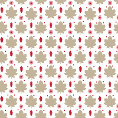 Vector seamless pattern with light brown maple leaves and red oak leaves. Good for seasonal autumn and winter textile, wrapping paper decoration.
