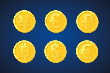 A set of icons of coins on the isolated white background