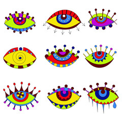 set of colored rainbow-colored cartoon eyes