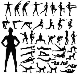 Big set of black silhouettes of woman doing fitness workout. - obrazy, fototapety, plakaty
