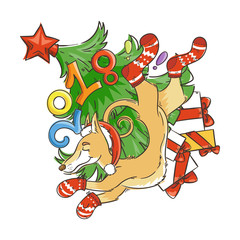 Yellow dog for New Year 2018, cute symbol of horoscope. Cute puppy in cartoon doodle style.