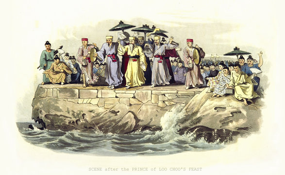 Ancient korean people in traditional clothes jubilating to the sea. Prince of Loo Choo's feast (Ryukyu Islands). Old illustration by W. and R. Havell after Browne, London,1818