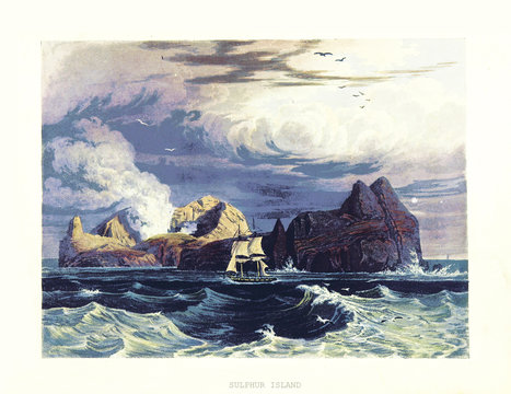 Sulphur Island (Iwo Jima) in the rough sea and boat sailing. Old illustration by W. and R. Havell after Hall, published on 'Account of a Voyage of Discovery to the West Coast of Corea', London, 1818