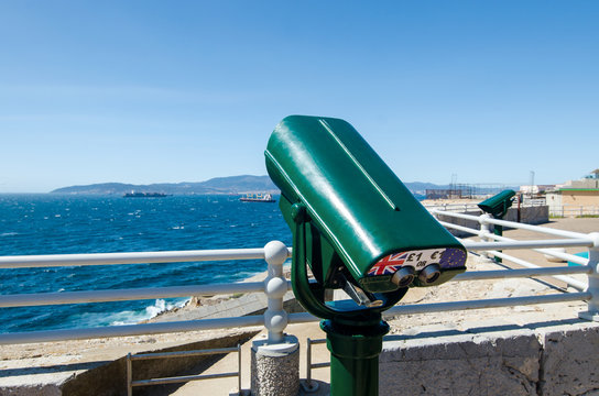 Europa Point observation deck with coin operated binocular. Look out over the Bay of Algeciras or Gibraltar. British Overseas Territory of Gibraltar.